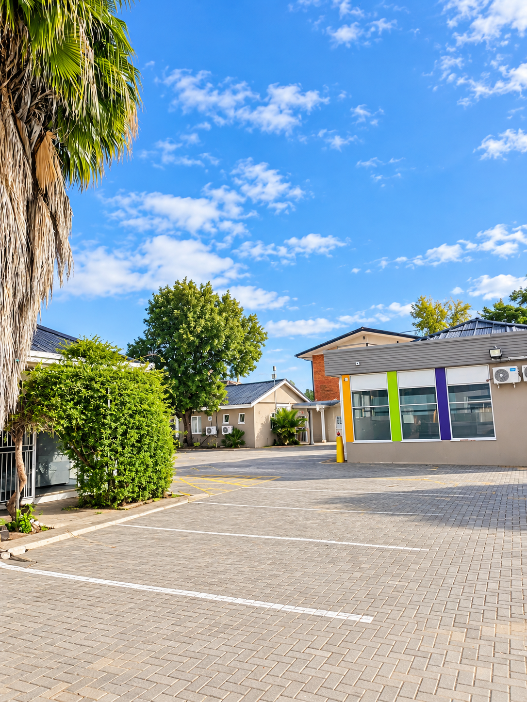 Outside Victoria Gardens, showing the courtyard and accommodation buildings